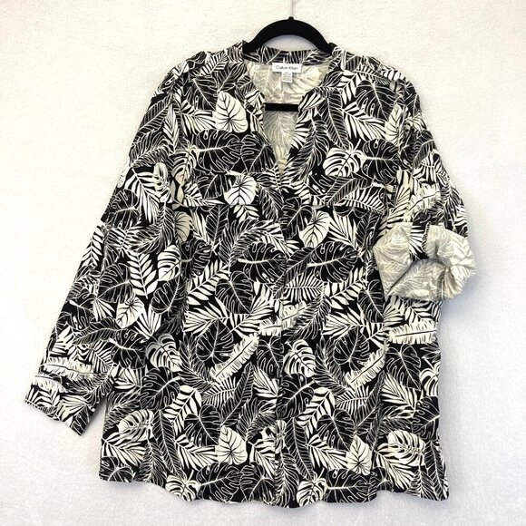 Calvin Klein Roll Tab Linen Blend Button Up Shirt Women's Size 2X Black Tropical - Picture 1 of 14